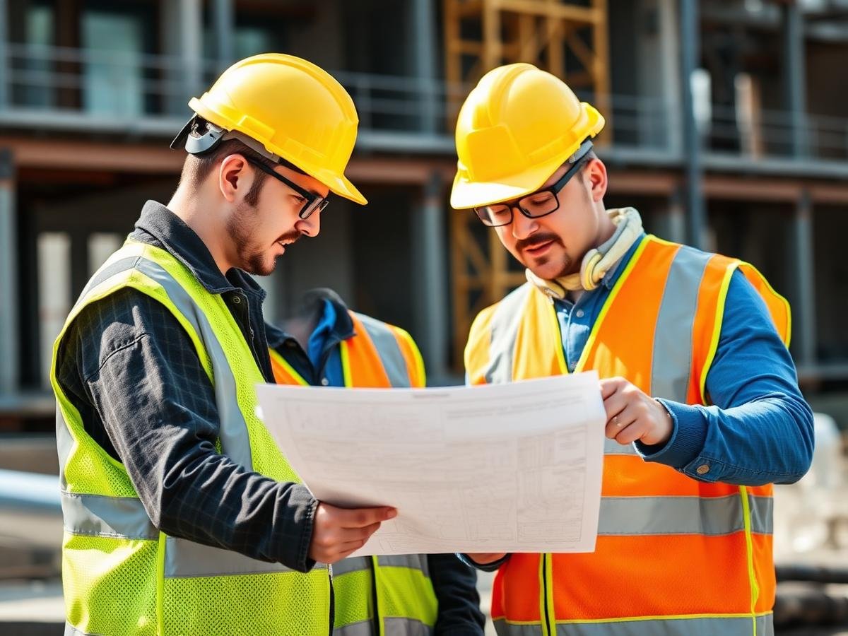 Two site managers in hi-vis reviewing drawings